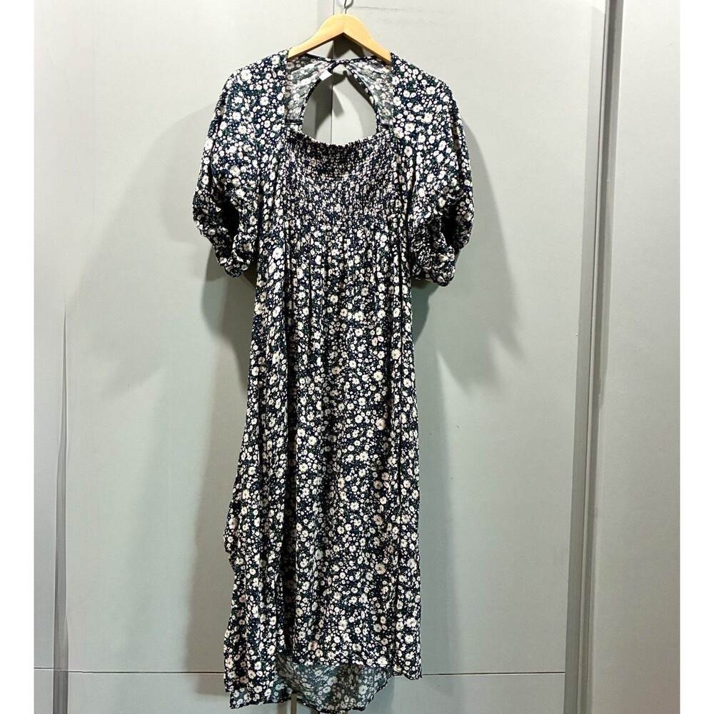 NWT Navy White Micro Floral Maxi Dress XXL Puff Sleeve Open Back Rayon Romantic